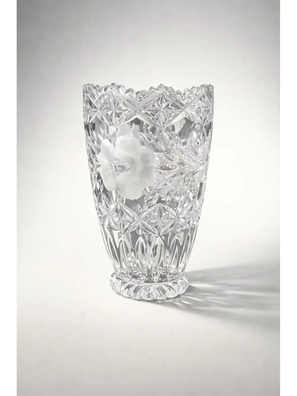 Vintage Crystal Cut Glass Vase with Floral Etching - 7.5 Inches Tall